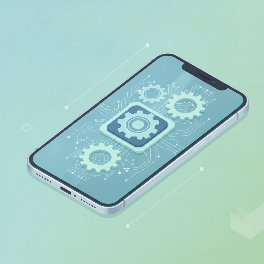 Un smartphone dont l'écran laisse voir des rouages et des circuits stylisés symbolisant le moteur logiciel interne