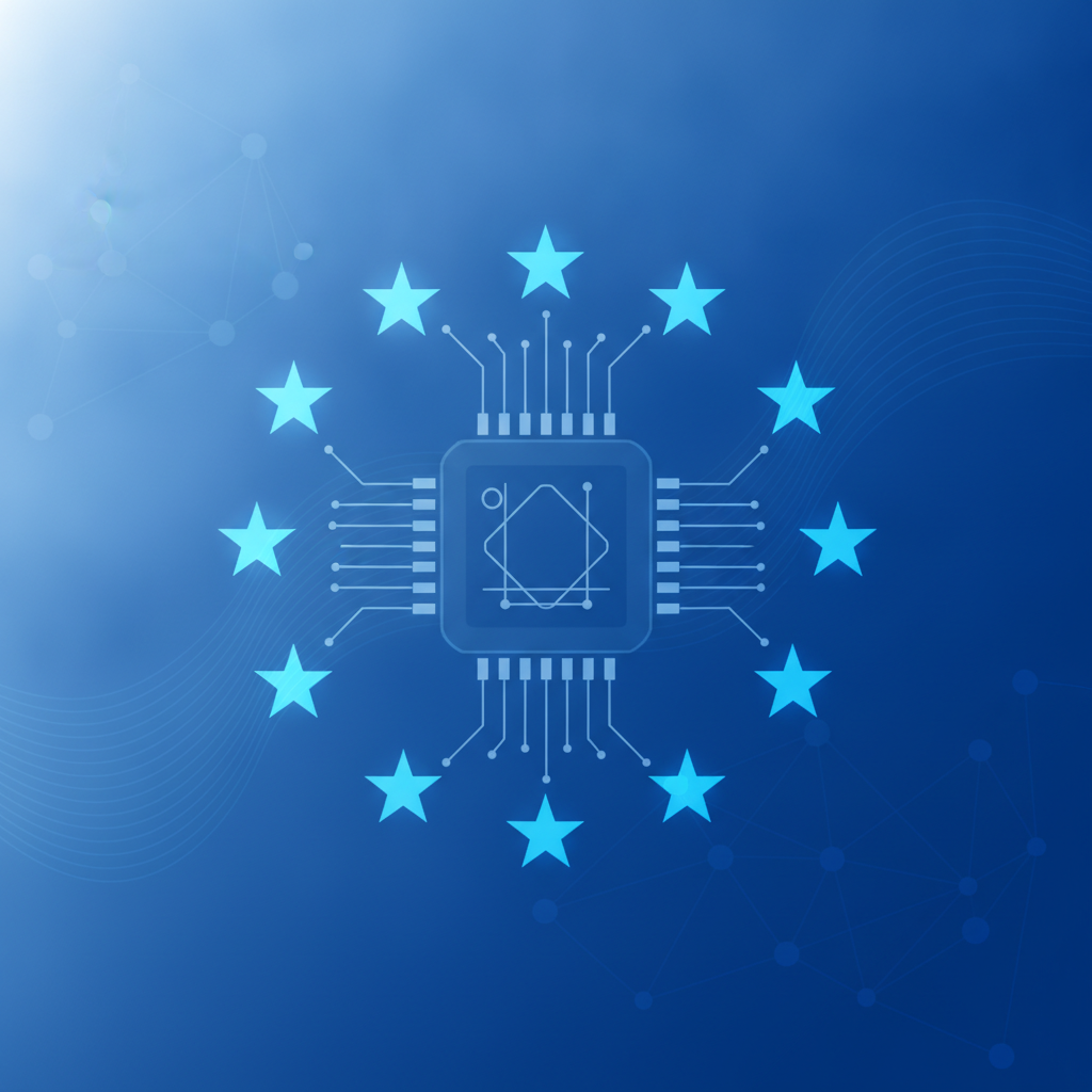 Douze étoiles bleues de l'Union européenne en cercle autour d'une puce électronique stylisée, illustration de la régulation de l'IA