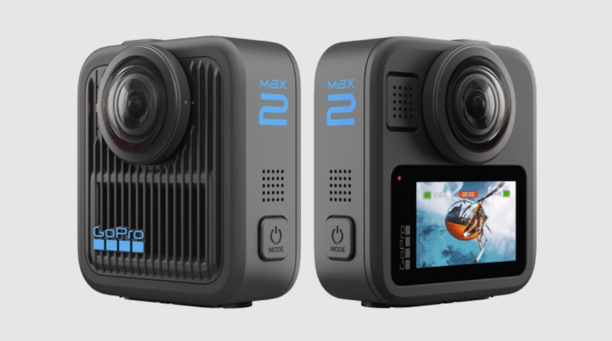 La caméra 360 GoPro MAX2 vue de face et de dos, avec son double objectif et son écran arrière