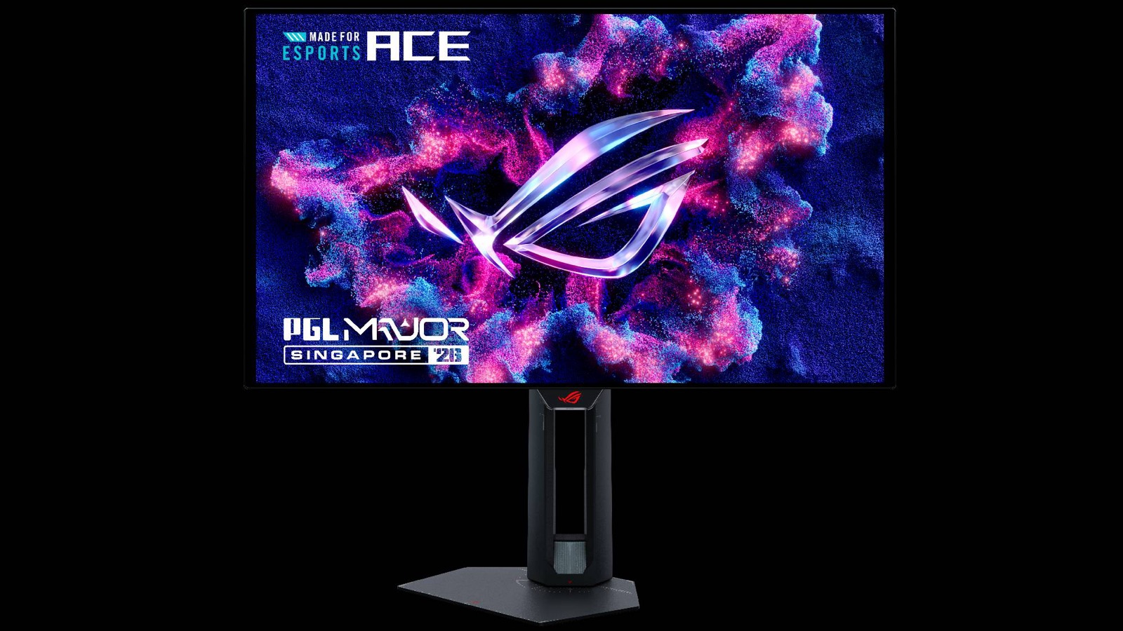 Moniteur gaming ASUS ROG Swift OLED PG259QWS Ace de face, écran allumé affichant le logo ROG