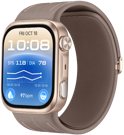 Montre connectée Huawei Watch D3 au boîtier doré et bracelet marron affichant l'heure