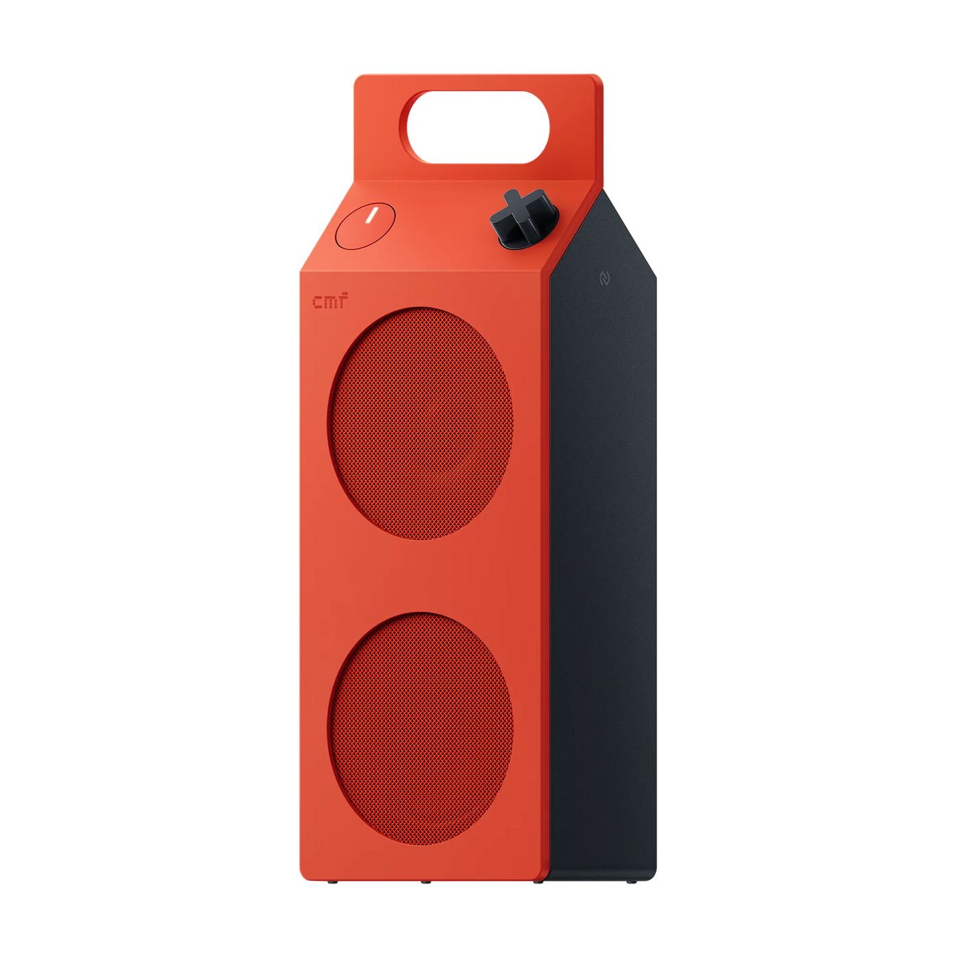 Enceinte Bluetooth CMF Speaker M orange au design en forme de brique de lait, avec poignée, molette de contrôle et deux haut-parleurs circulaires