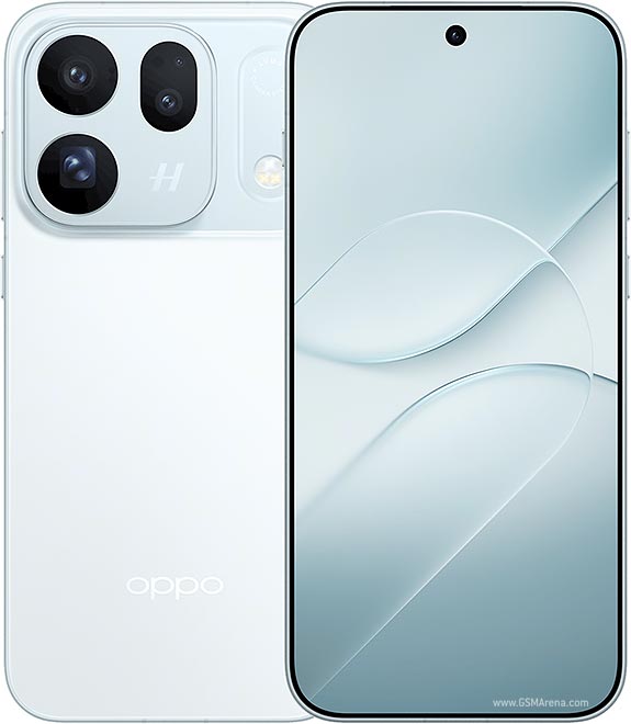 Le smartphone Oppo Find X10 vu de face et de dos, avec son module photo Hasselblad, en coloris bleu glacier