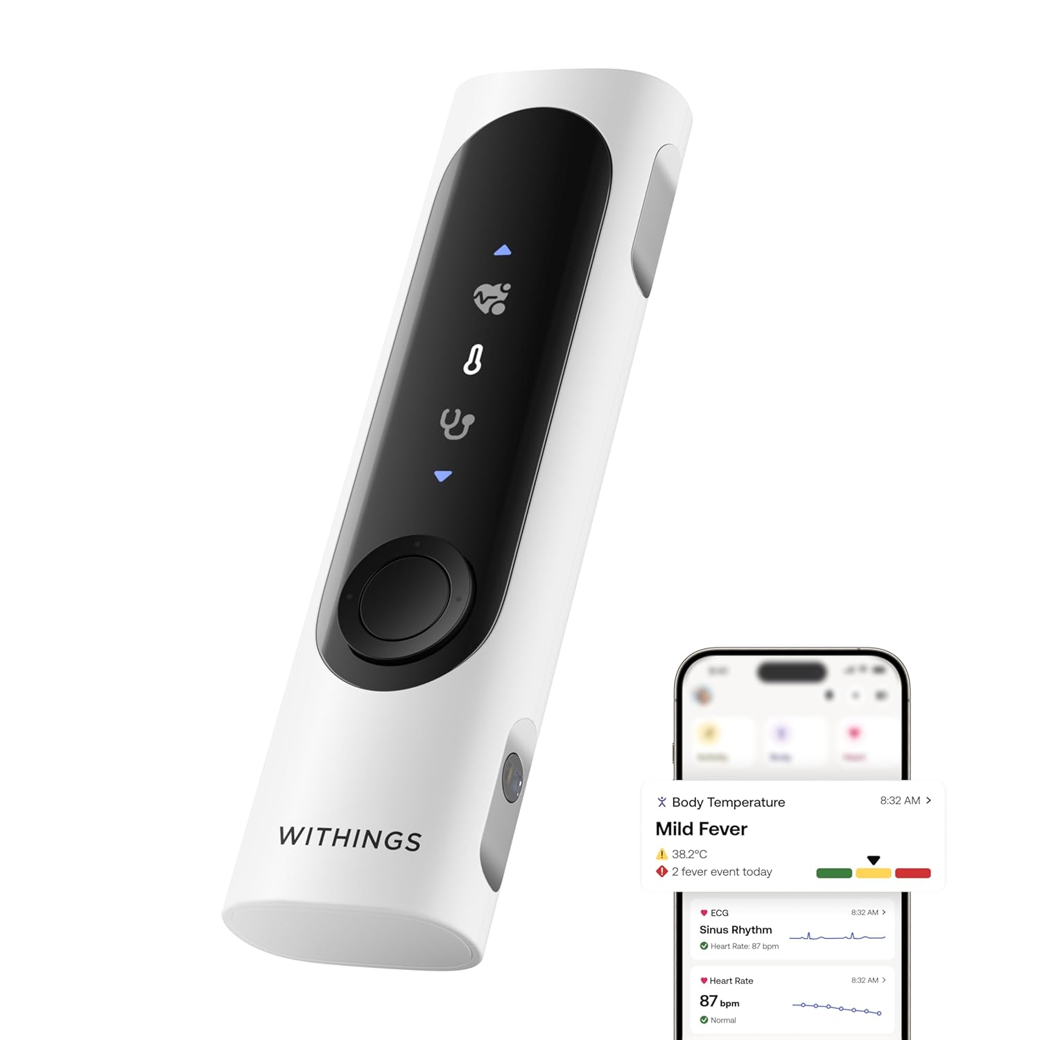 Le boîtier de santé connecté Withings BeamO et l'application affichant température, ECG et fréquence cardiaque