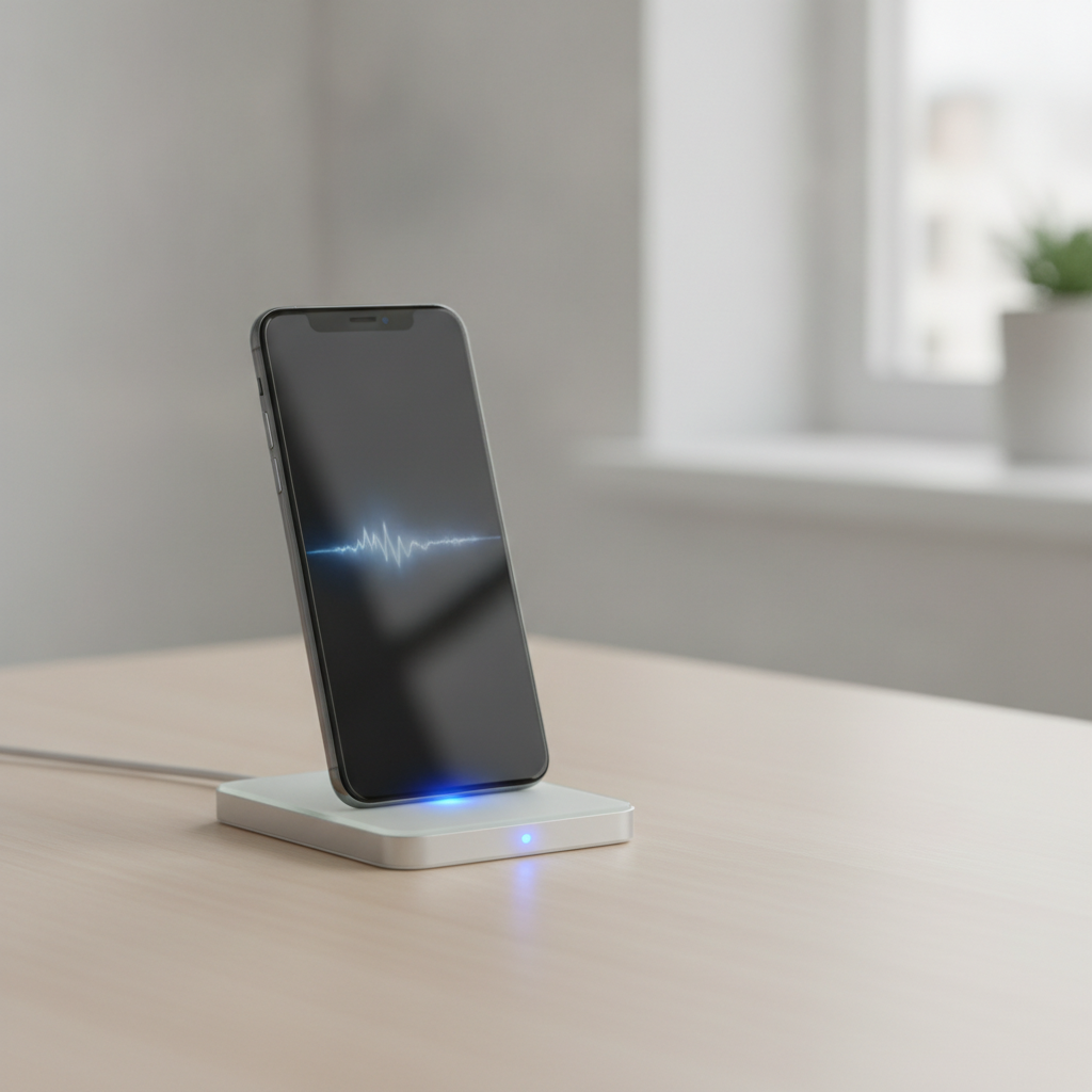 Un smartphone en charge sur un socle de recharge sans fil à induction posé sur un bureau