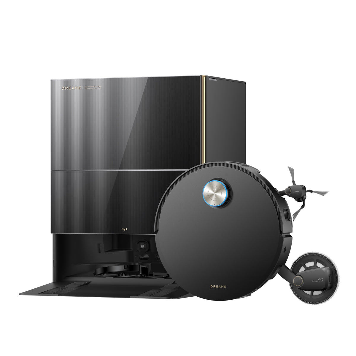 Aspirateur robot Dreame X60 Pro Ultra Complete noir avec sa station d'accueil, brosse latérale et serpillière extensibles déployées