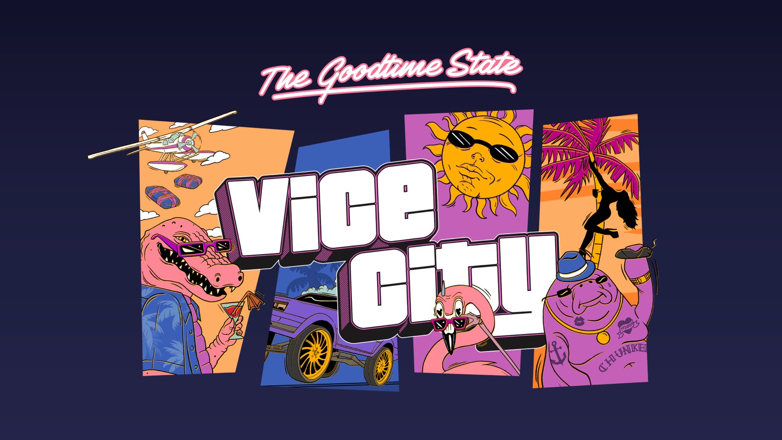 Illustration officielle The Goodtime State Vice City Collection de GTA 6, avec l'alligator Macca et le lamantin Chunkee