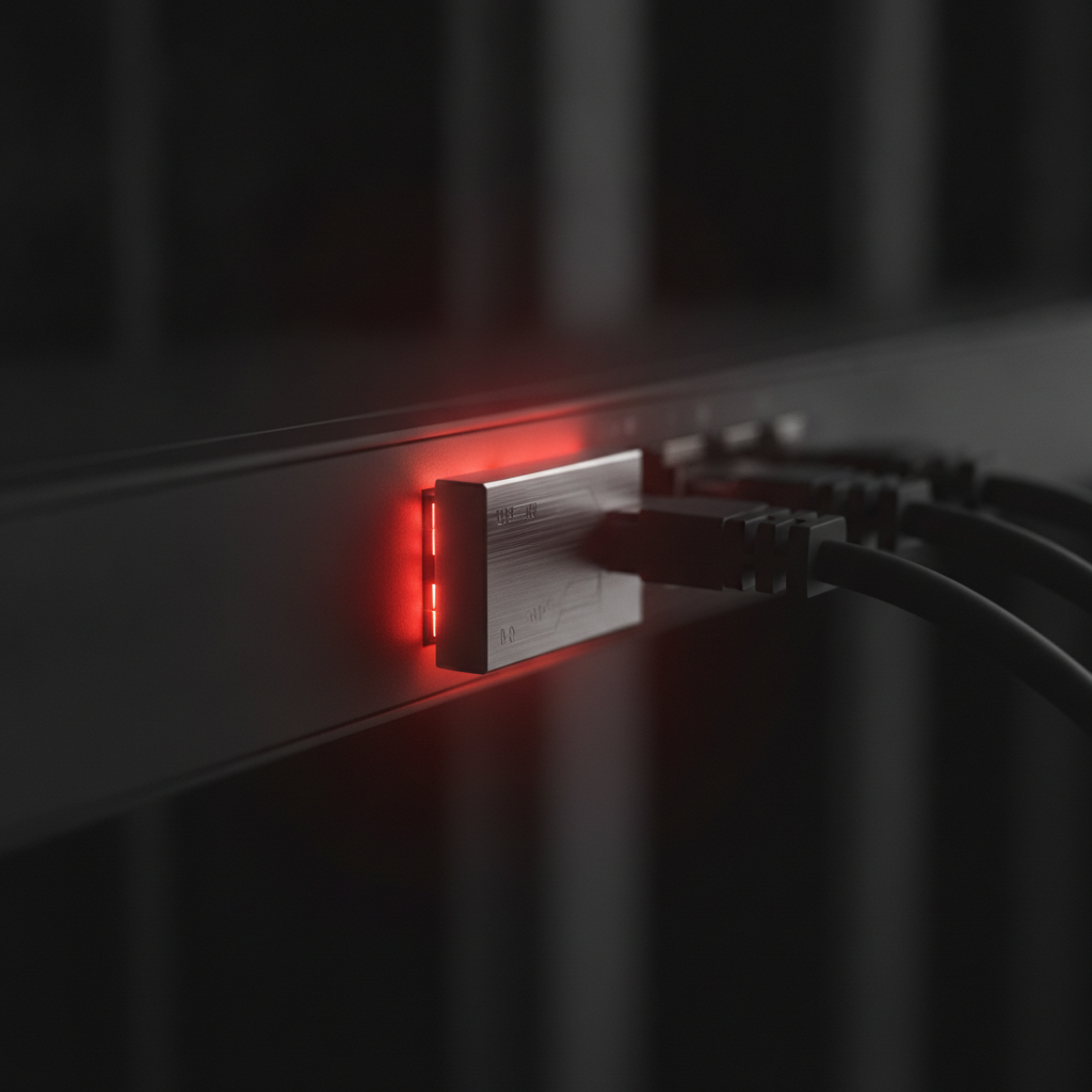 Module réseau métallique branché dans un switch, lueur rouge évoquant la surchauffe