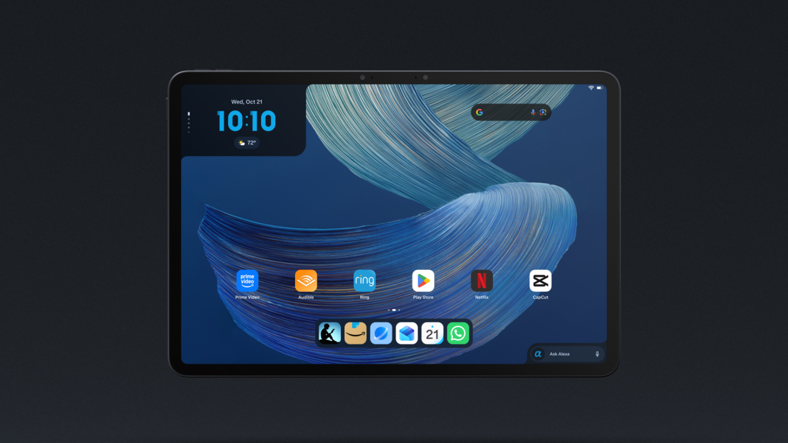 Tablette Amazon Alexa Tablet 12 Pro affichant un écran d'accueil Android avec le Google Play Store, Netflix et la barre Alexa+