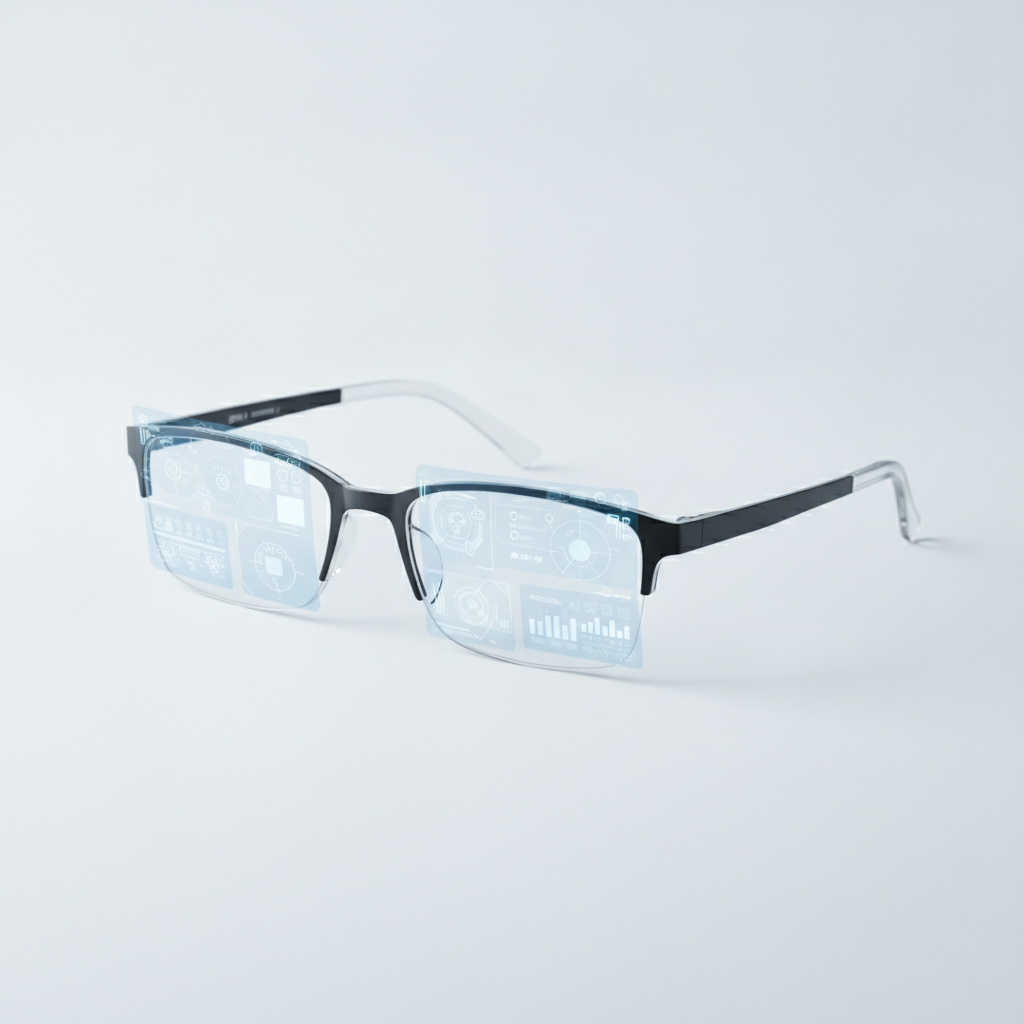 Illustration de lunettes connectées modernes posées sur une surface épurée