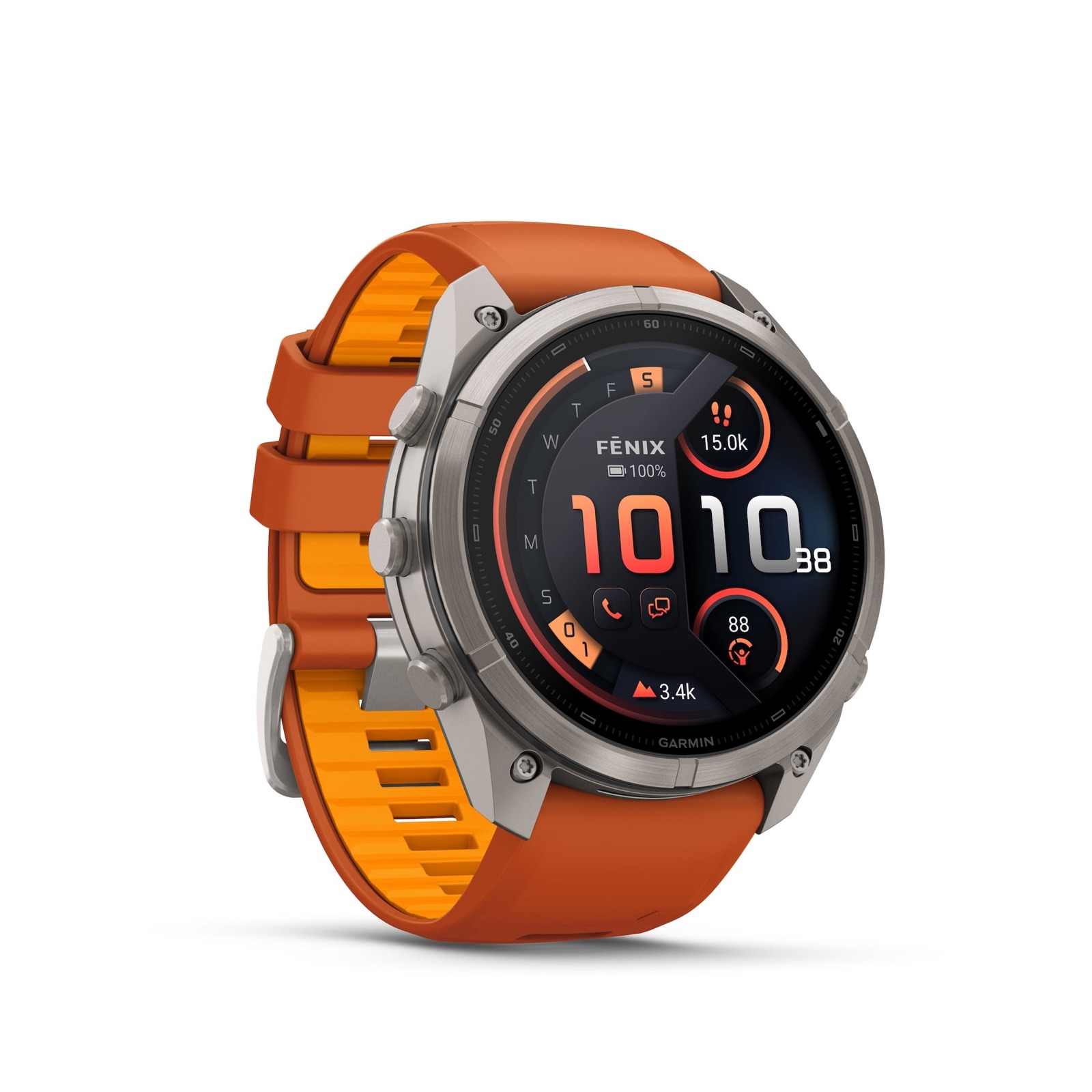 Montre GPS Garmin Fenix 9 Pro, boîtier en titane et bracelet orange, écran AMOLED allumé