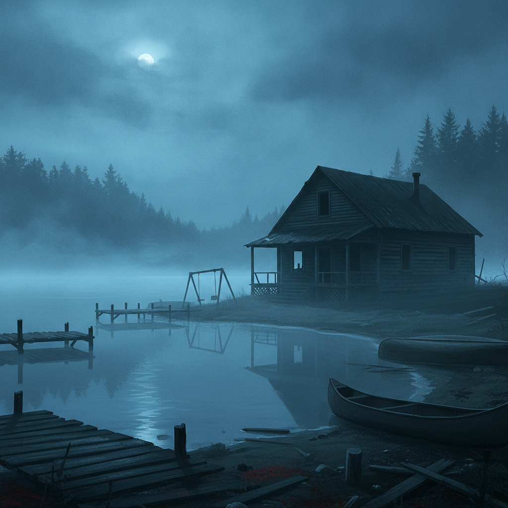 Camp d'ete abandonne la nuit au bord d'un lac brumeux, ambiance de film d'horreur slasher