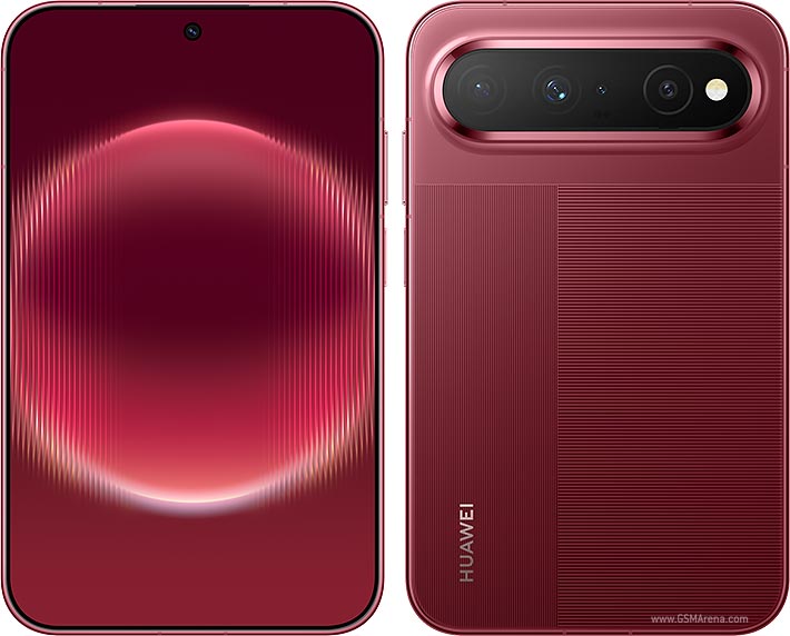 Le Huawei Pura X View de face et de dos, en coloris rouge, avec son écran large et son triple capteur photo