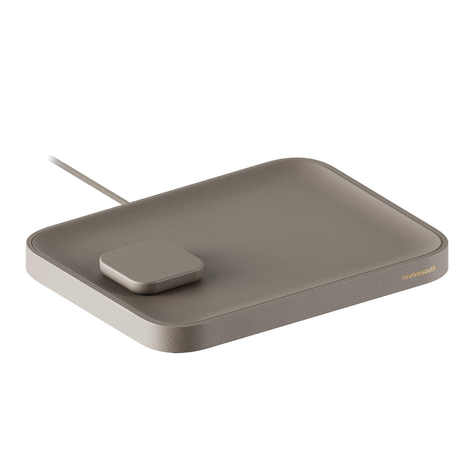 Le Twelve South Valet compact en cuir Nappa taupe, avec sa zone de charge sans fil magnétique