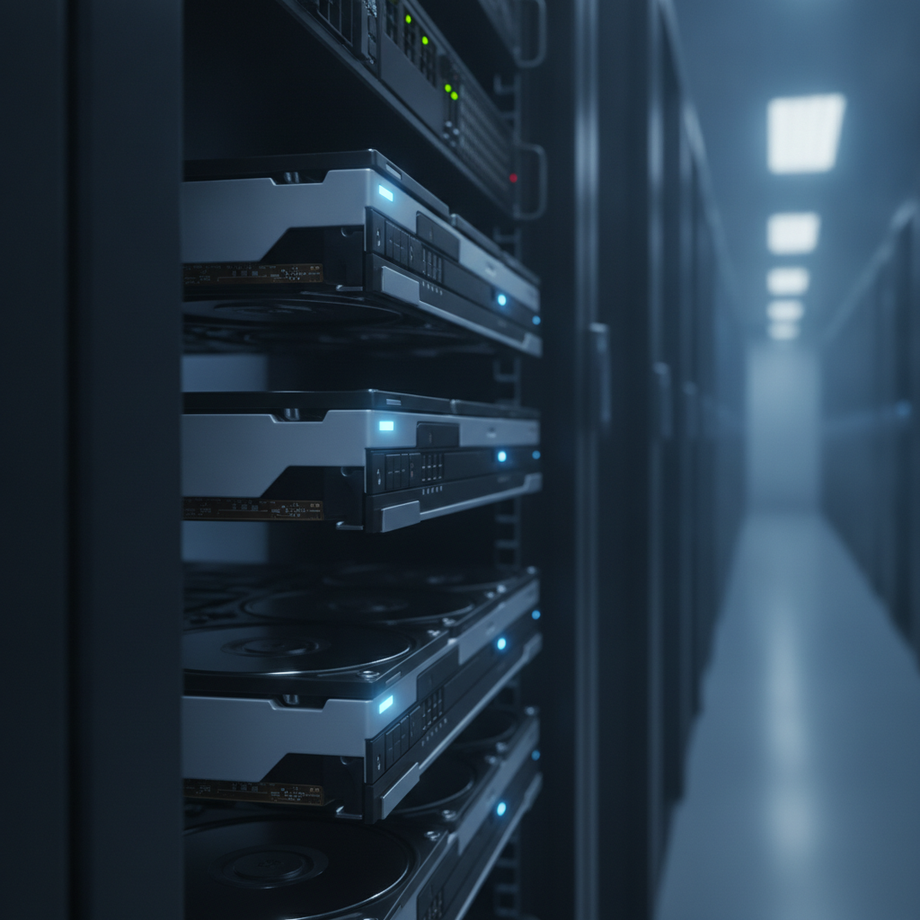 Disques durs 3,5 pouces alignes dans un rack de centre de donnees