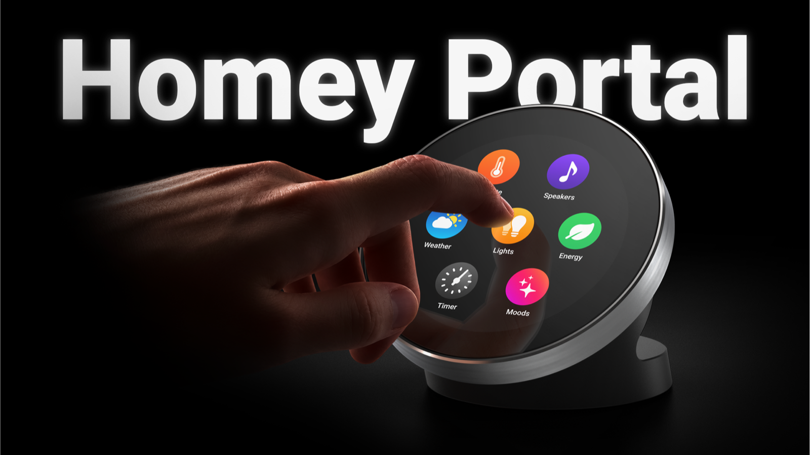 Le Homey Portal d'Athom, boîtier rond à écran tactile et bague rotative en acier, posé sur son socle