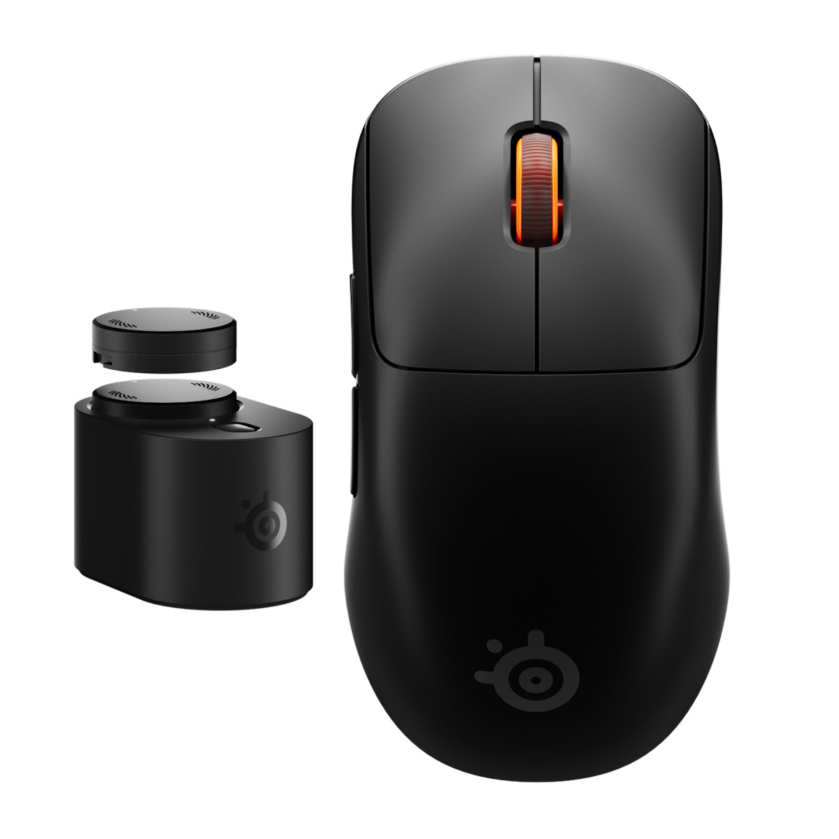 La souris gaming SteelSeries Sensei Pro noire avec son recepteur et ses deux batteries interchangeables