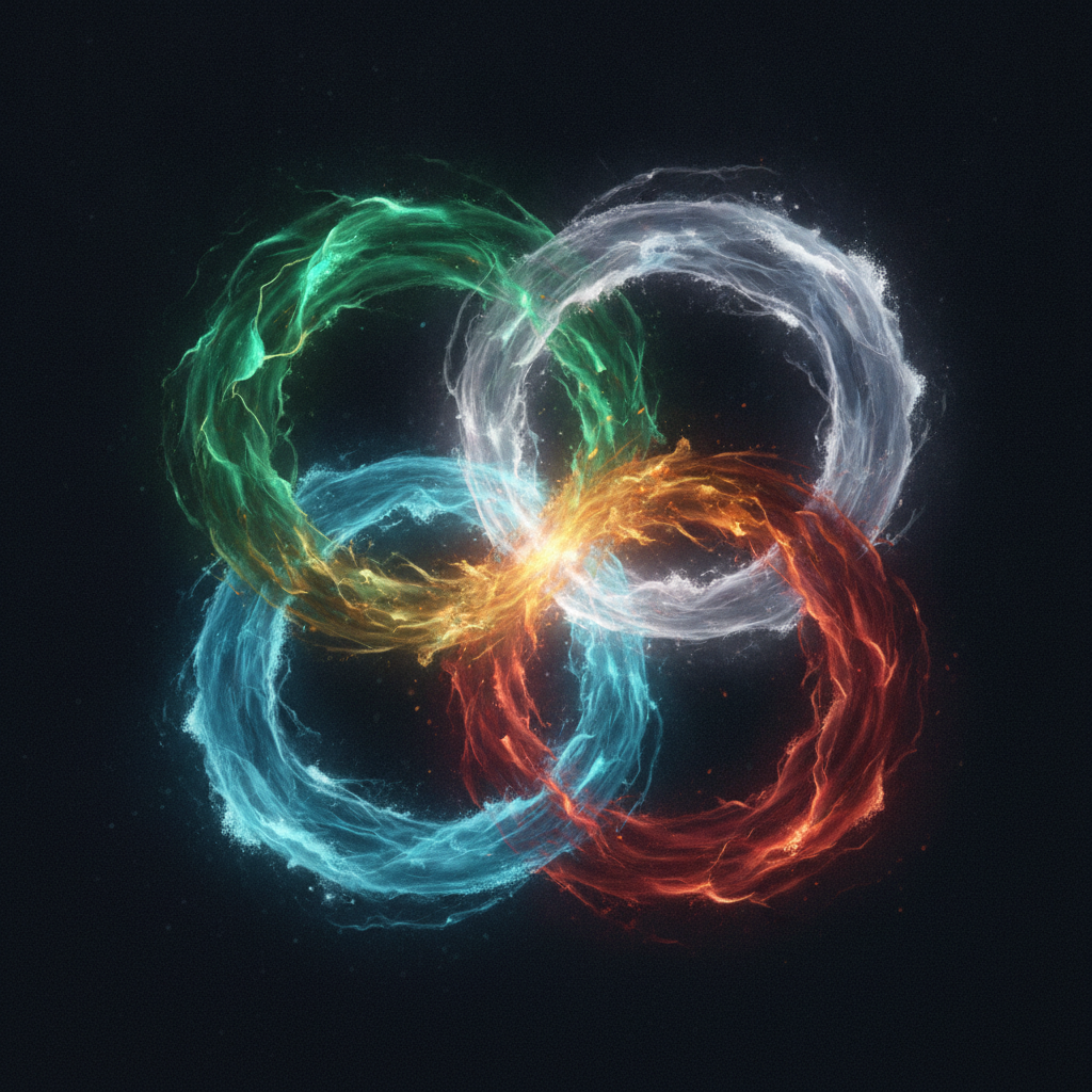 Illustration conceptuelle des quatre éléments (eau, terre, feu, air) en volutes lumineuses sur fond sombre