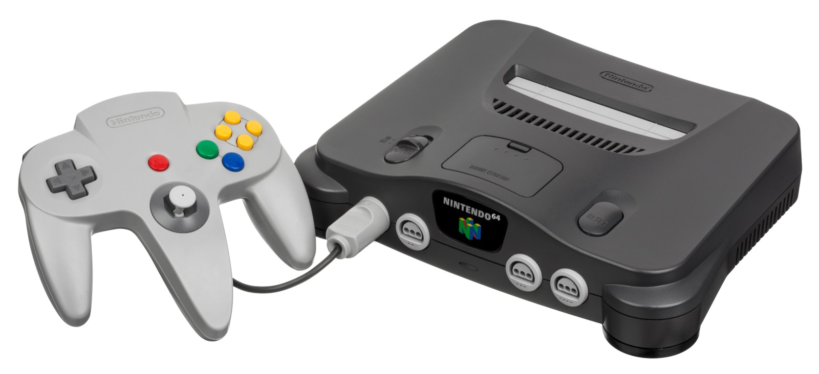 La console Nintendo 64 grise et sa manette à trois branches