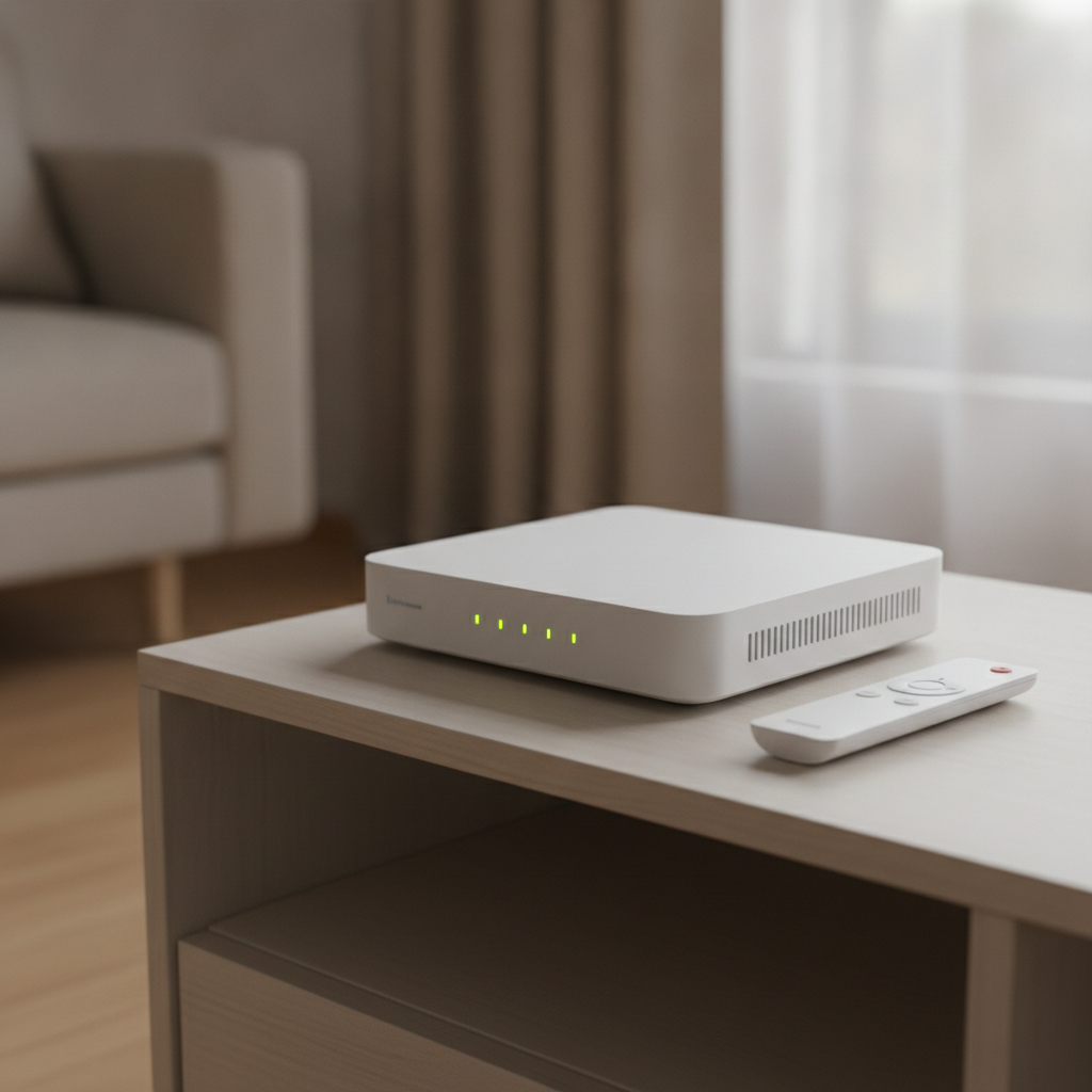 Box internet et TV sur un meuble de salon