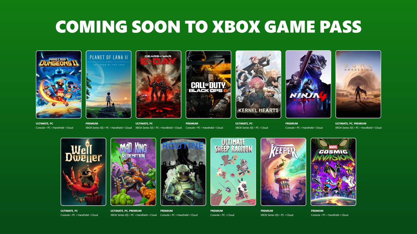 Visuel officiel Xbox Coming Soon to Xbox Game Pass avec les jaquettes des jeux de septembre 2026 dont Gears of War E-Day, Ninja Gaiden 4 et Dune Awakening