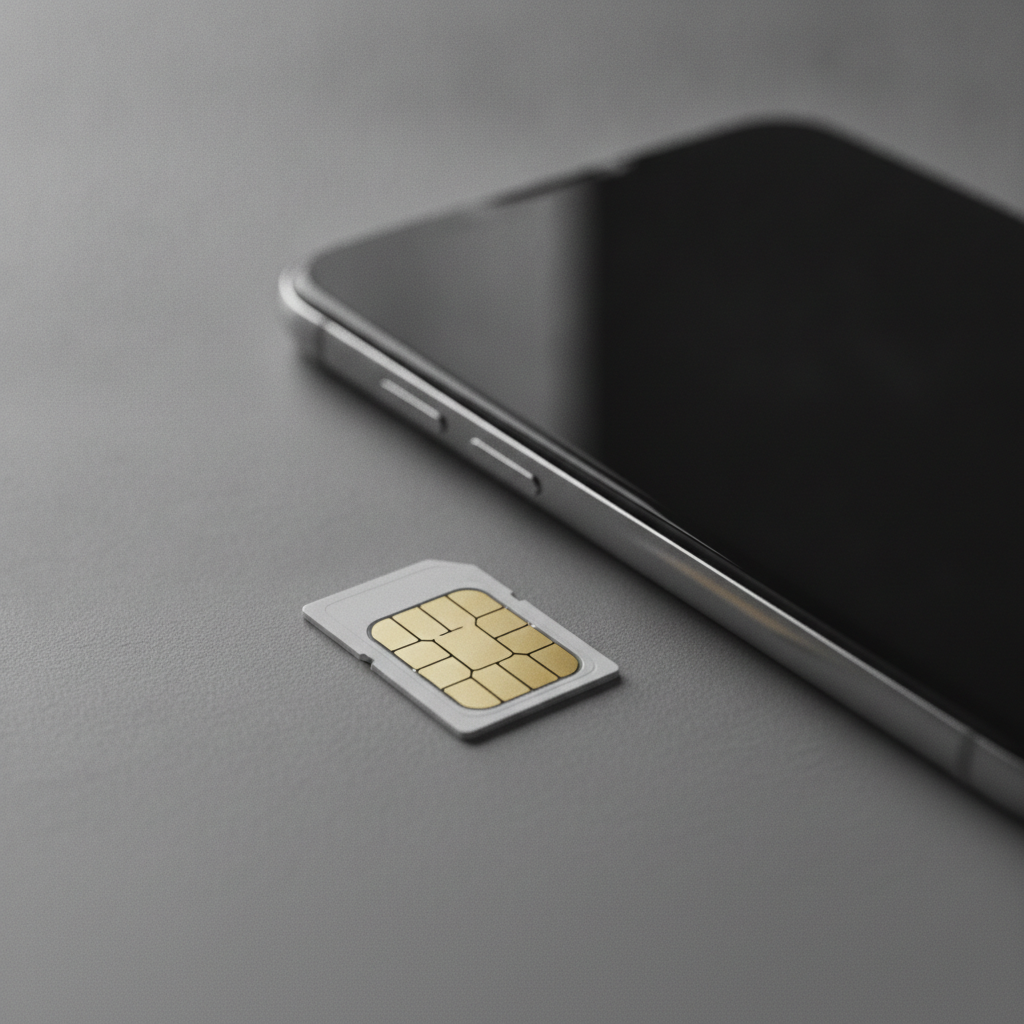 Une carte SIM nano posée à côté d'un smartphone éteint sur fond gris