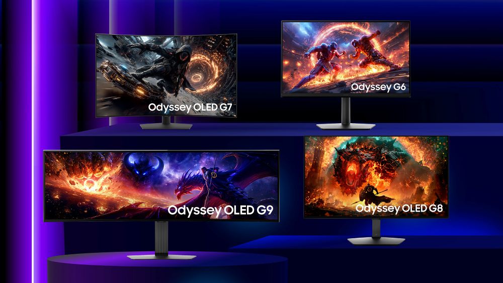 Gamme Samsung Odyssey 2026 avec les moniteurs G6, G7, G8 et G9 alignés sur un stand