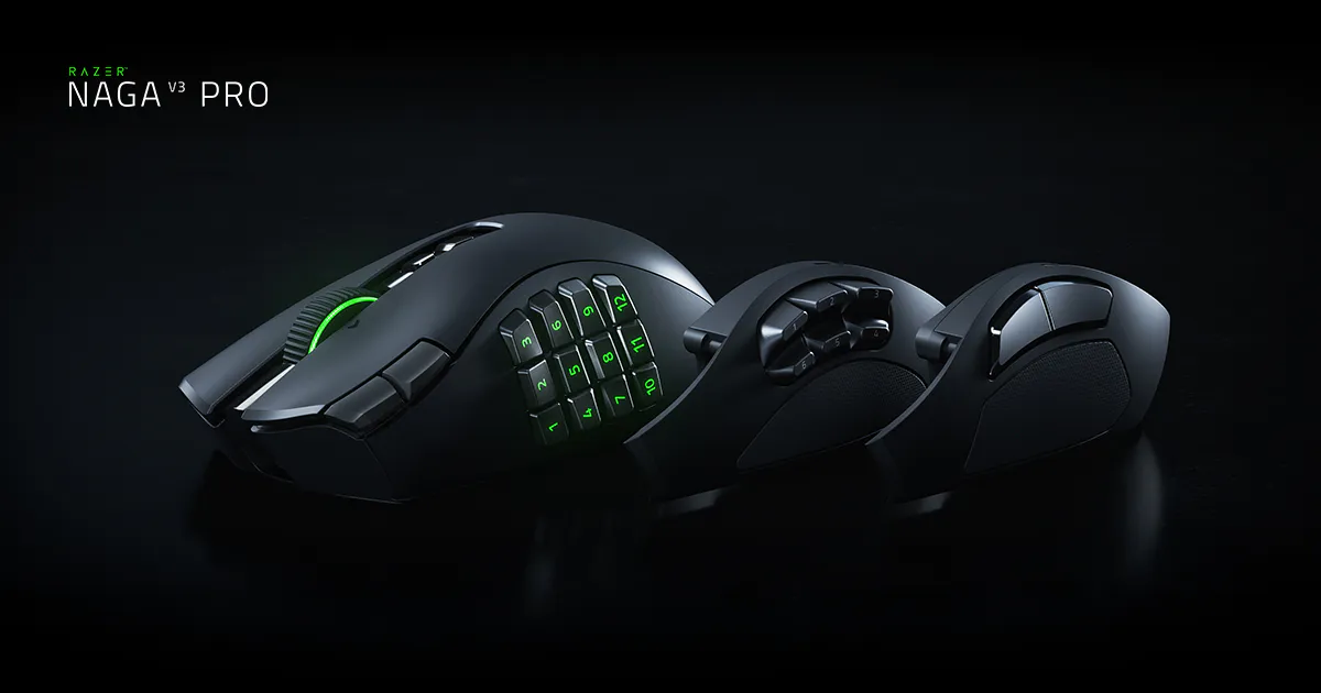La souris gaming Razer Naga V3 Pro et ses trois plaques laterales magnetiques interchangeables (12, 6 et 2 boutons)