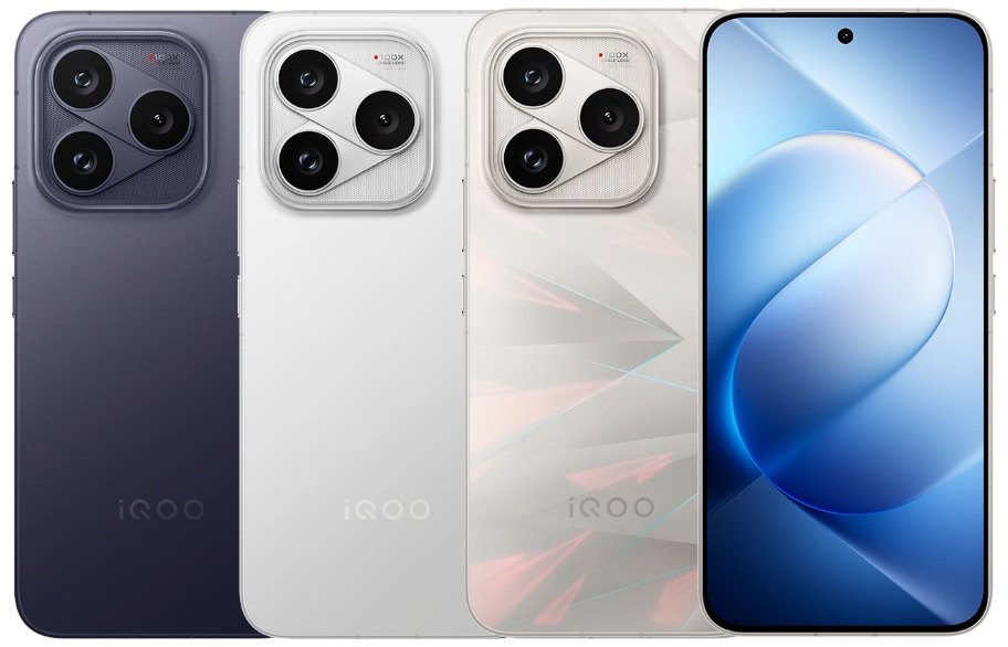 Le smartphone iQOO 16 vu de dos en plusieurs coloris et de face