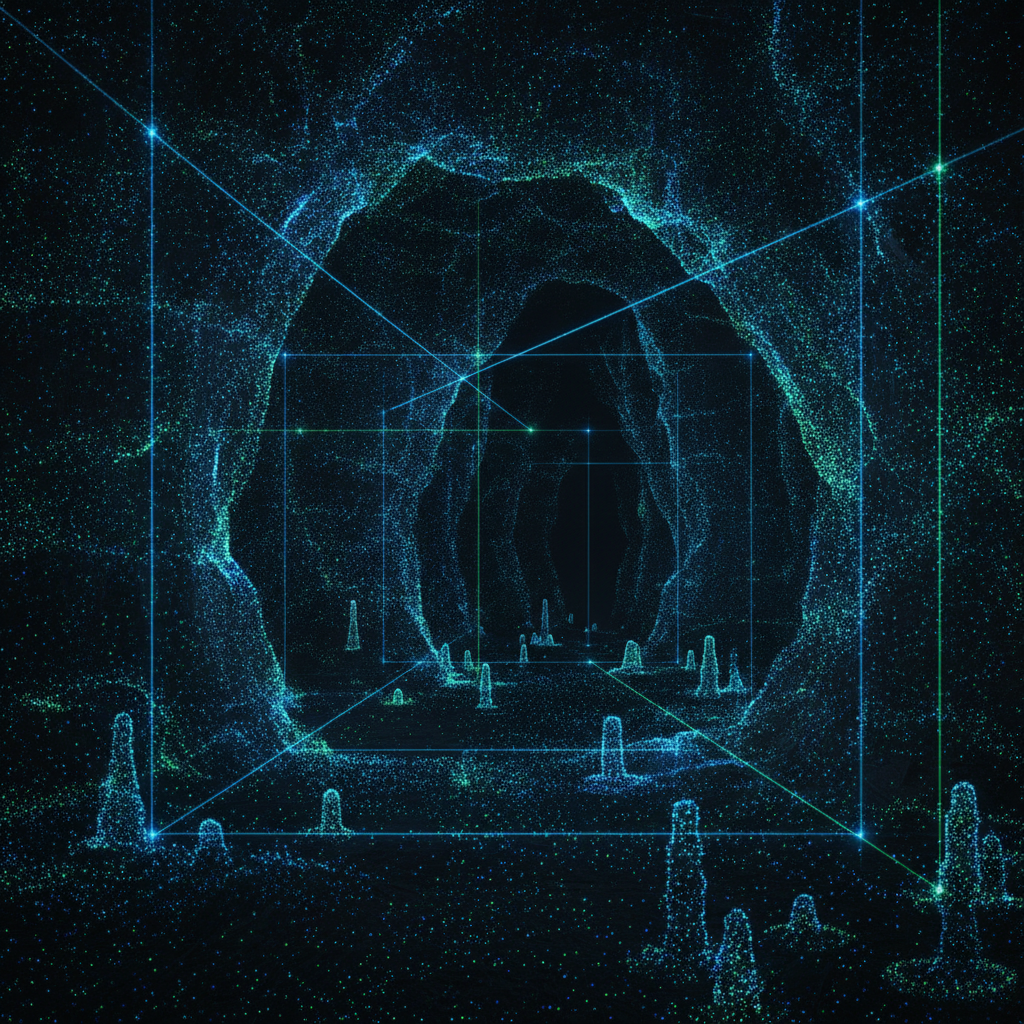 Grotte cartographiée en 3D par scanner laser, nuage de points lumineux