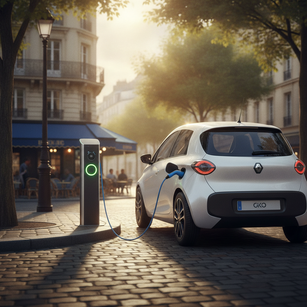 Petite voiture électrique branchée à une borne de recharge dans une rue française
