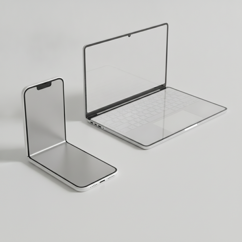 Illustration conceptuelle d'un smartphone pliable et d'un ordinateur portable fin, evoquant la future gamme Apple