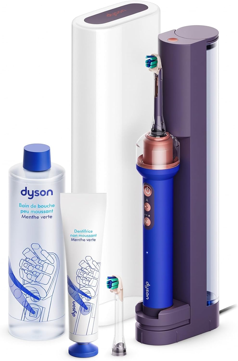 Kit Dyson CameraJet : brosse a dents electrique bleue sur sa station de charge, avec bain de bouche, dentifrice, tetes de rechange et etui de voyage