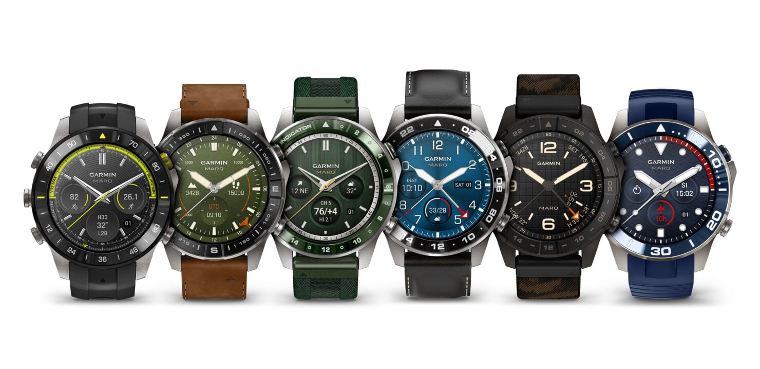 Les six montres connectées Garmin MARQ Gen 3 alignées, boîtiers en titane et bracelets variés