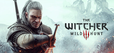 Key art officiel de The Witcher 3: Wild Hunt avec Geralt de Riv, epee dans le dos, devant des montagnes enneigees