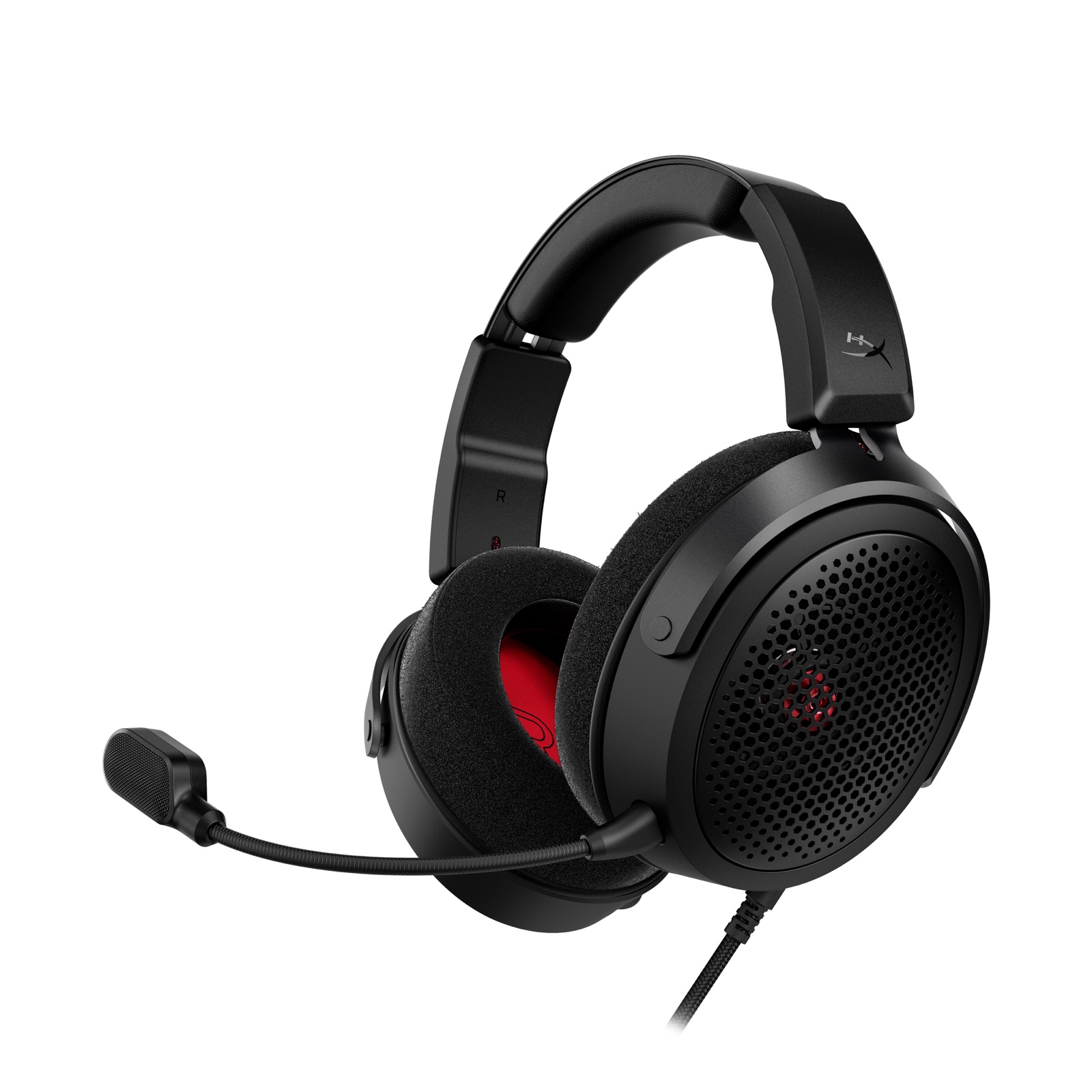 Casque gaming ouvert HyperX Cloud Alpha Air noir avec conduit Bass Tube rouge visible sous la grille et micro détachable