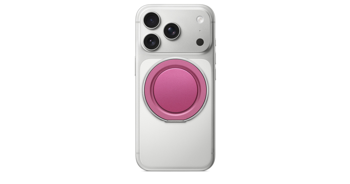 PopSockets Low-Pro Grip rose, fixé en MagSafe au dos d'un iPhone blanc