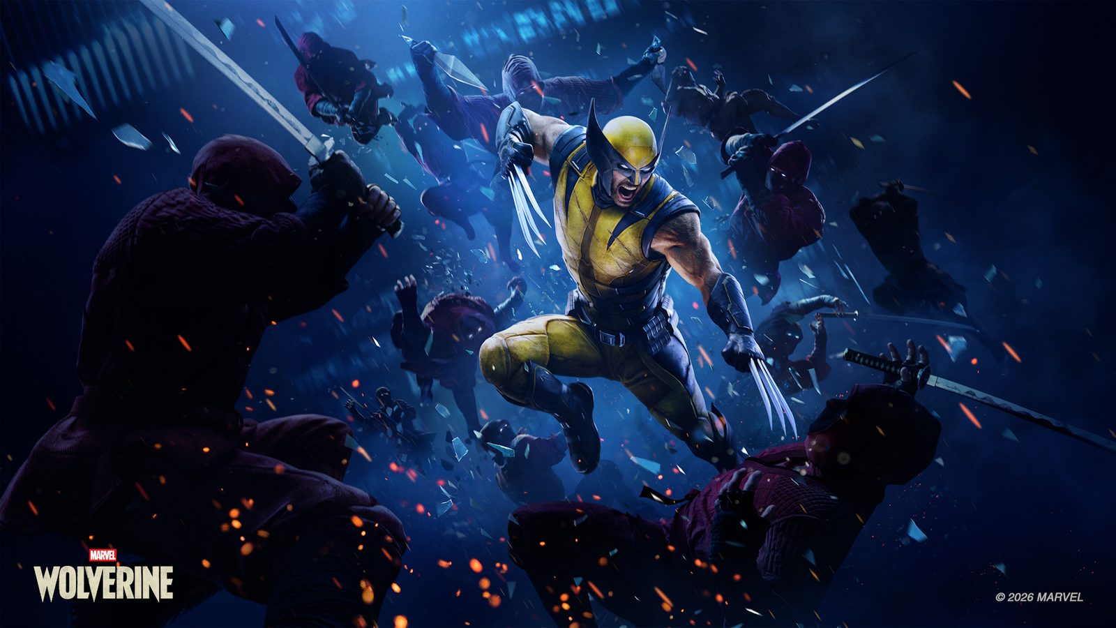Key art officiel de Marvel's Wolverine : Logan en costume jaune et bleu, griffes sorties, en plein combat contre des ninjas