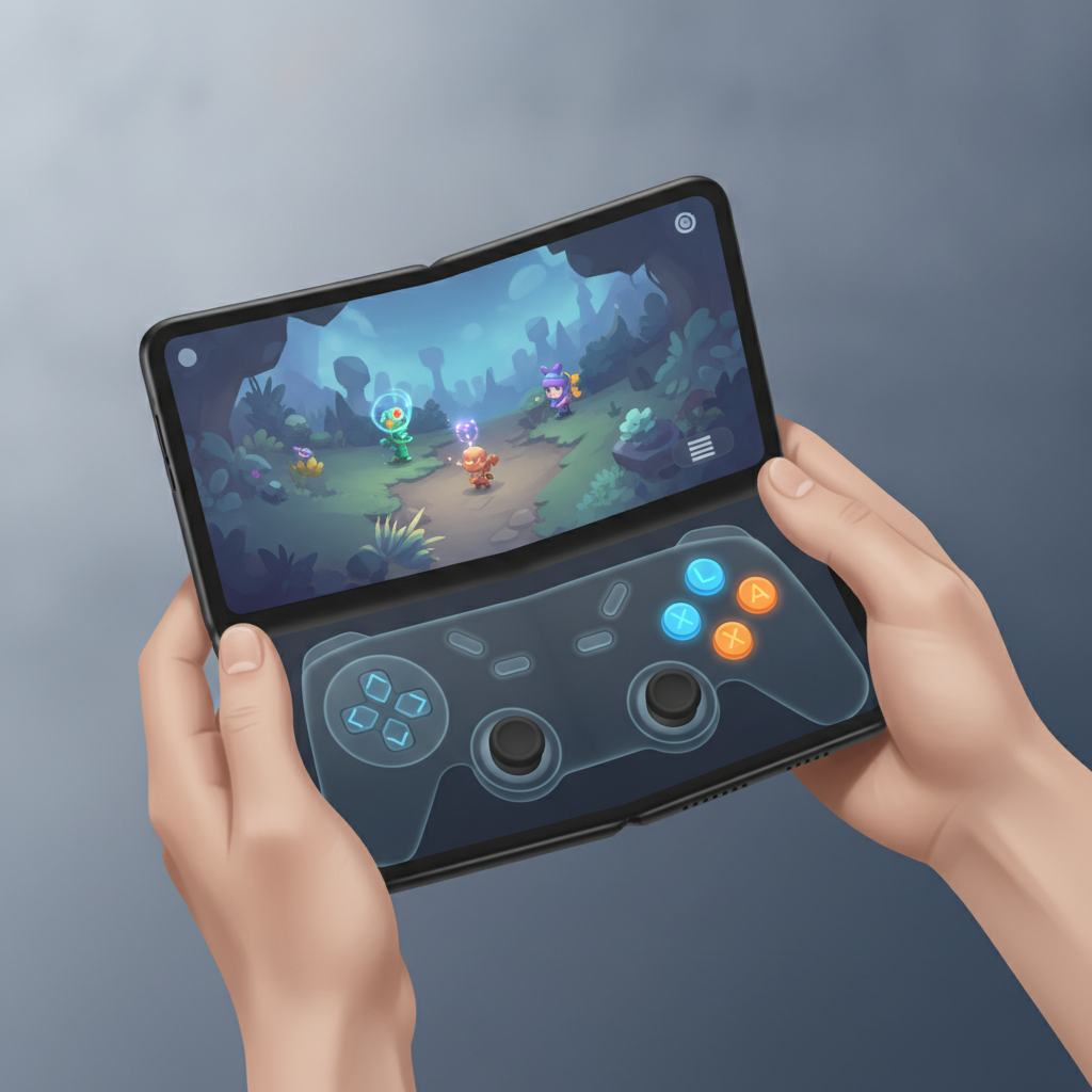 Smartphone pliant tenu à l'horizontale, jeu sur la moitié haute de l'écran et manette tactile virtuelle sur la moitié basse