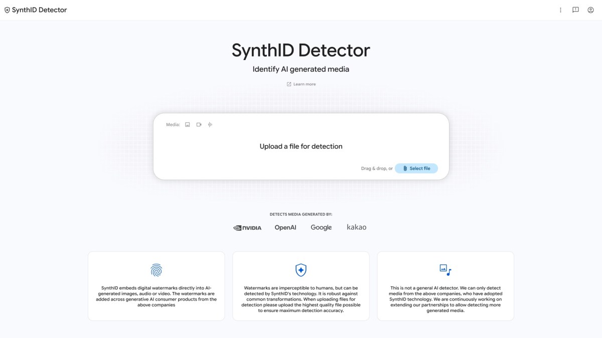 Page d'accueil du site SynthID Detector de Google, qui identifie les médias générés par IA