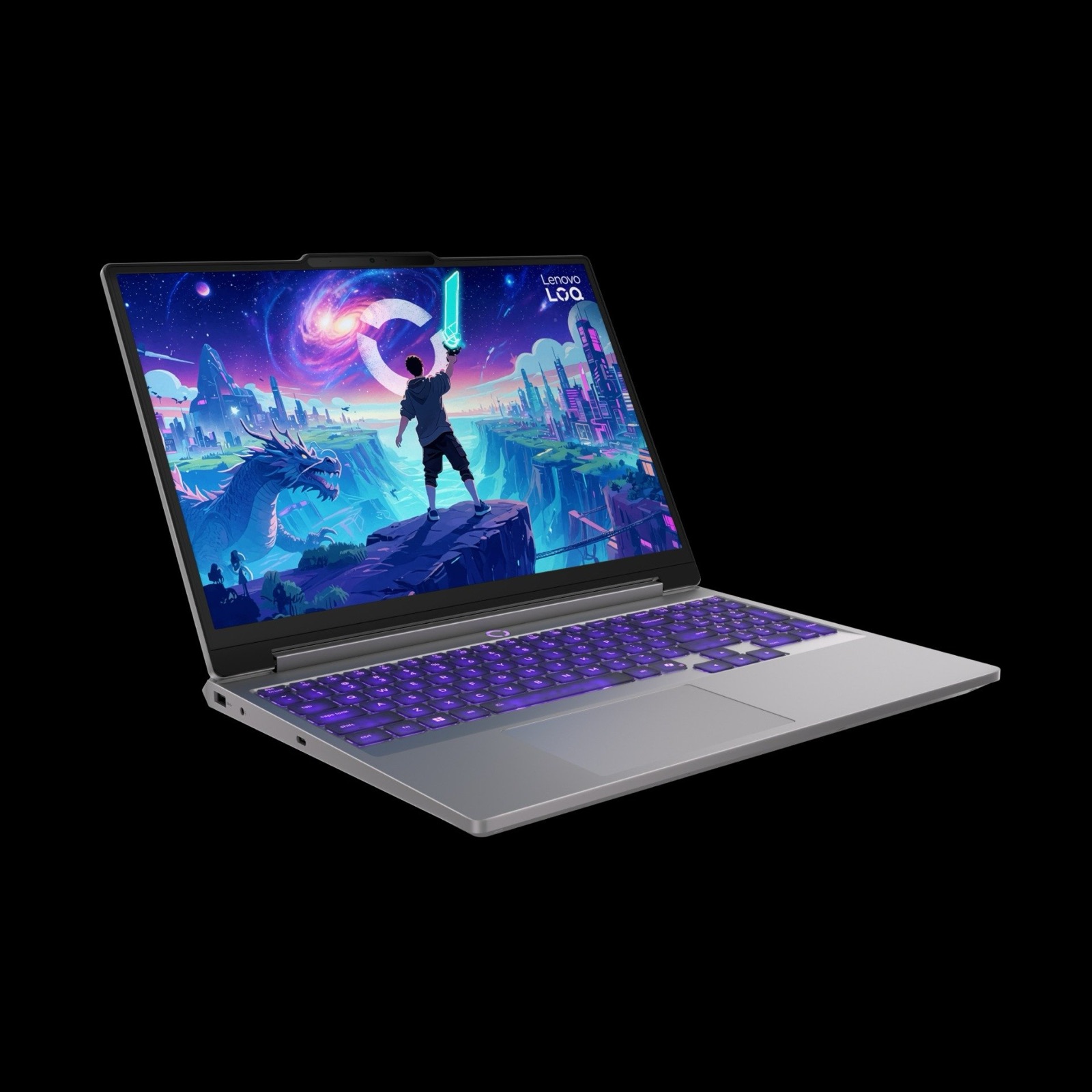 PC portable gaming Lenovo LOQ Essential ouvert, clavier RGB violet et écran allumé