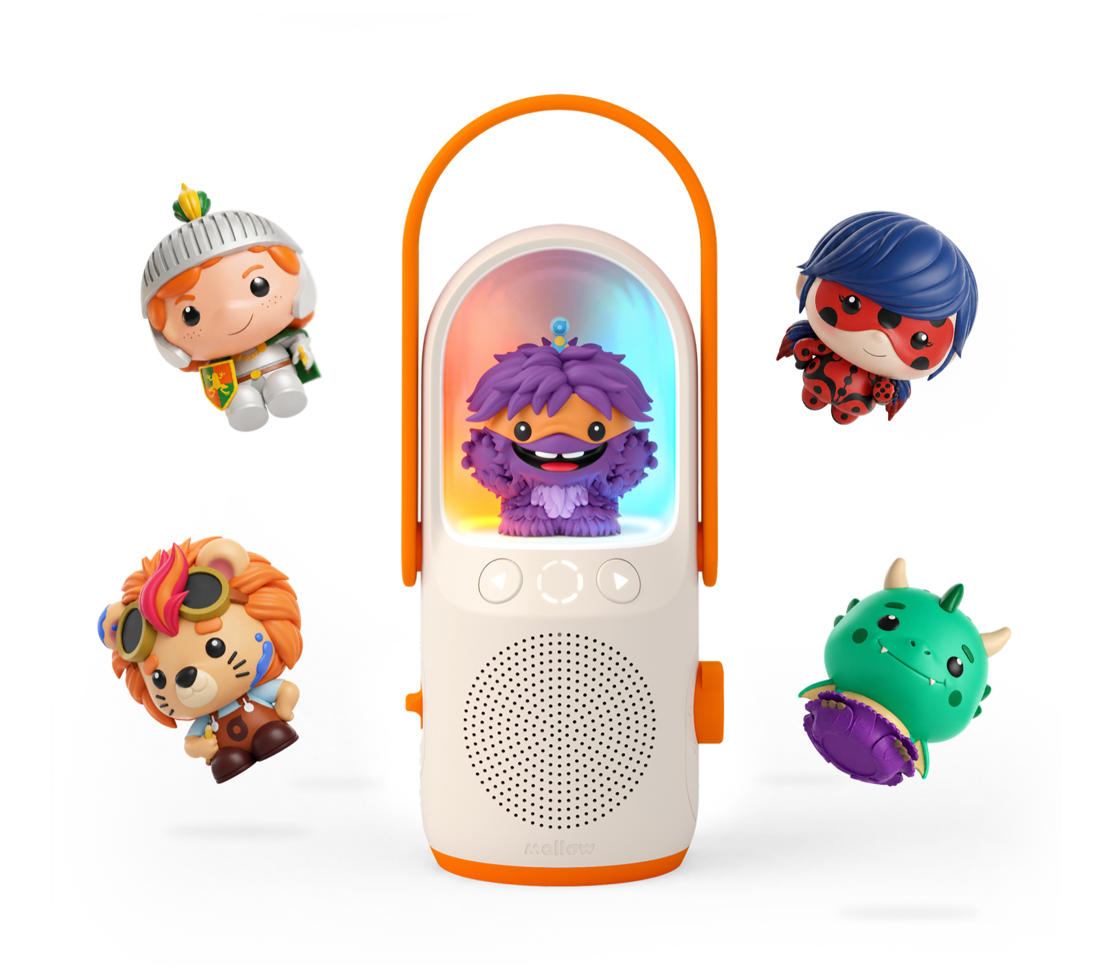 Enceinte Mallow blanche et orange entourée de cinq figurines de personnages, dont Ladybug de Miraculous