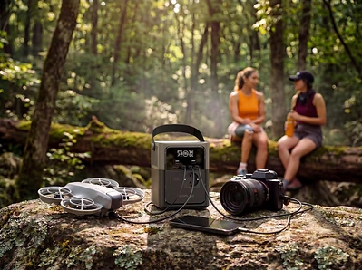 Station électrique portable EcoFlow RIVER Gen4 posée sur un rocher en forêt, rechargeant un drone et un appareil photo