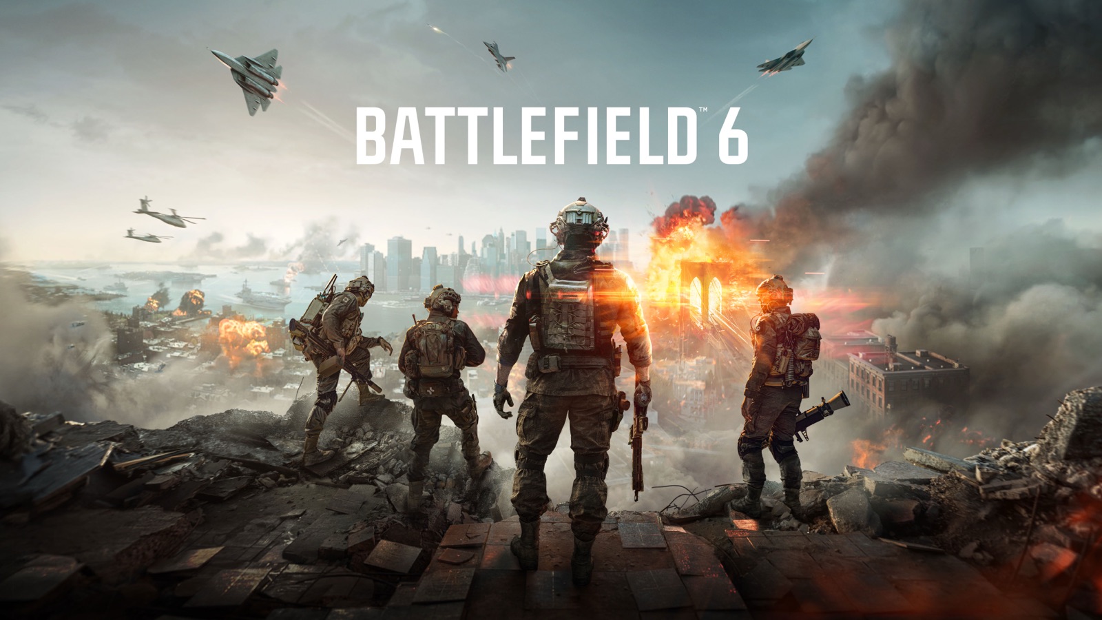 Key art officiel de Battlefield 6 : quatre soldats surplombant une ville en guerre, avions de chasse dans le ciel