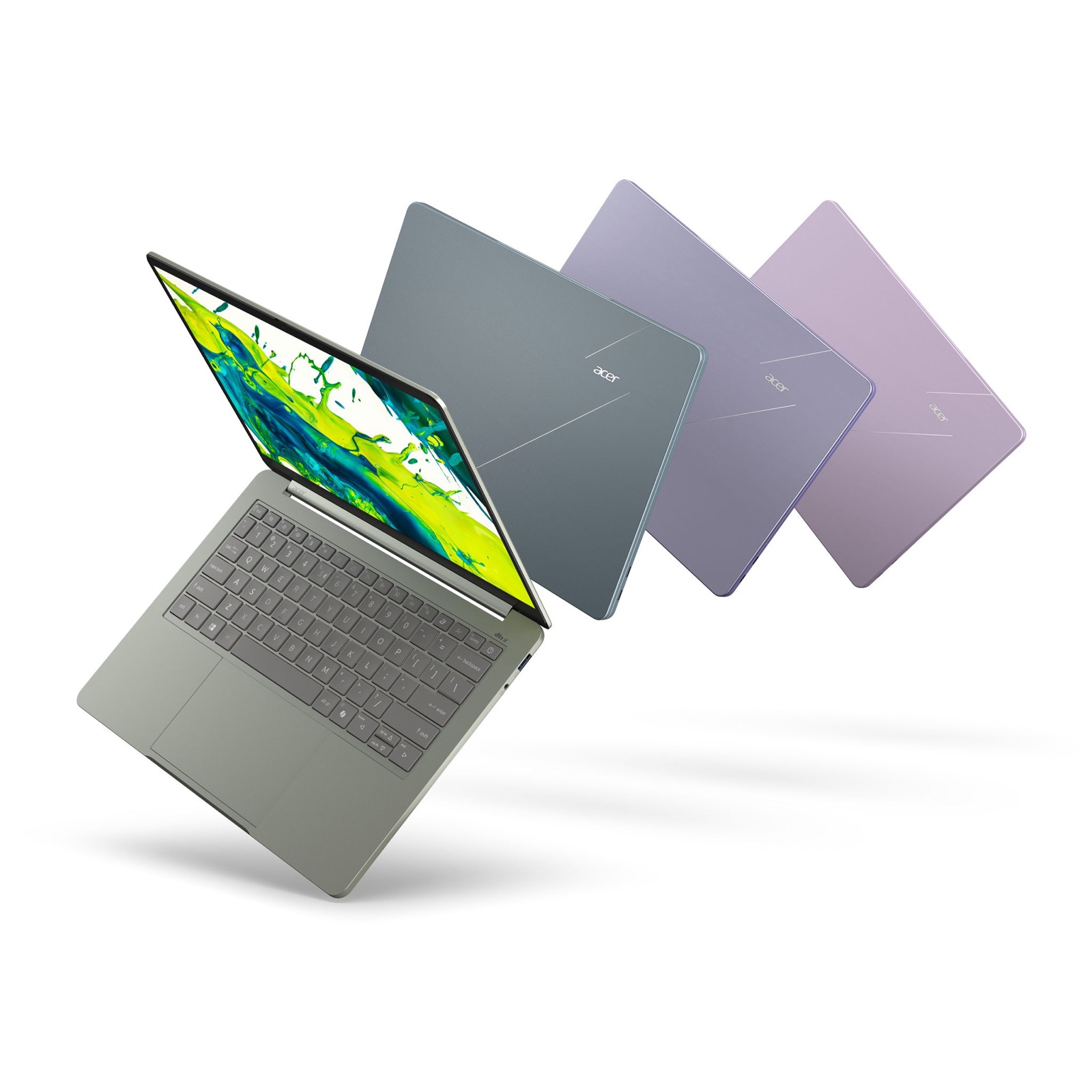 L'ordinateur portable Acer Swift Air 14 ouvert, décliné en plusieurs coloris