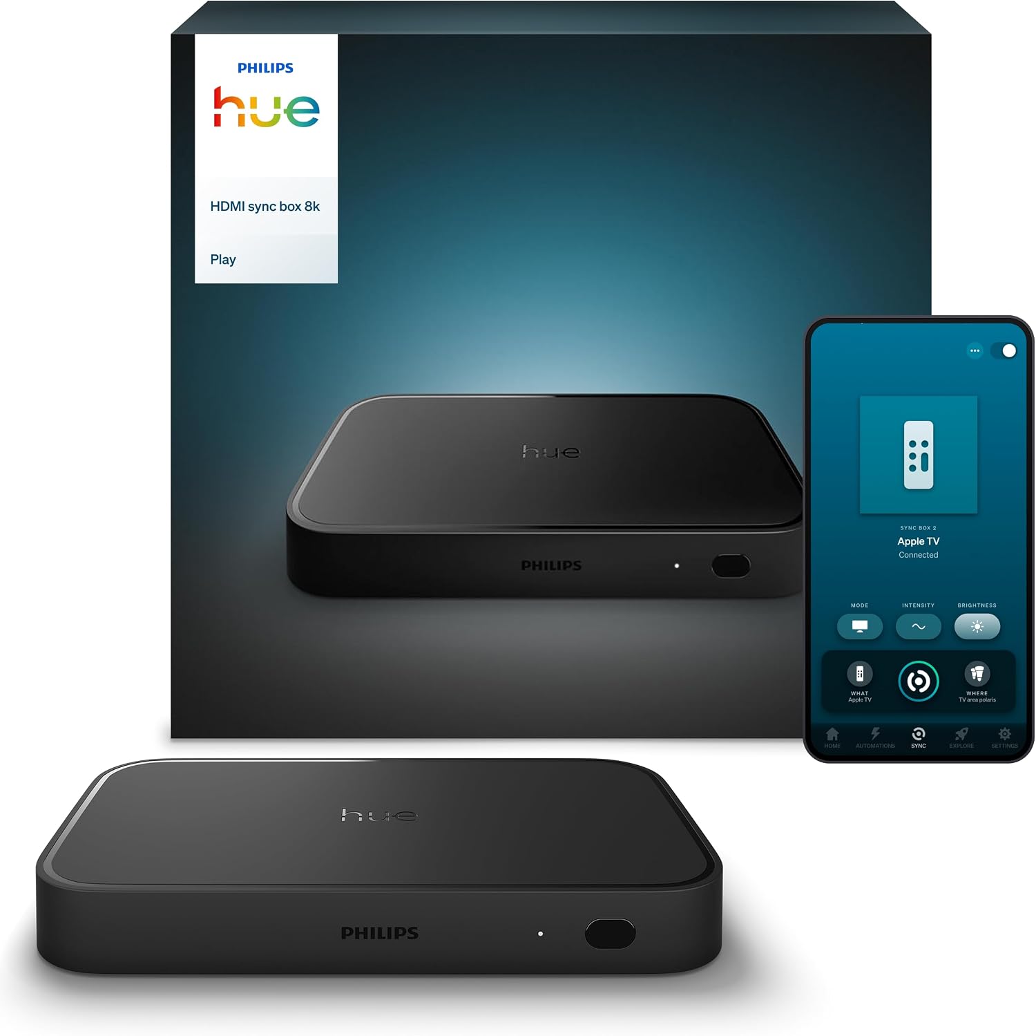 Boîtier Philips Hue Play HDMI Sync Box avec son emballage et l'application de synchronisation lumineuse