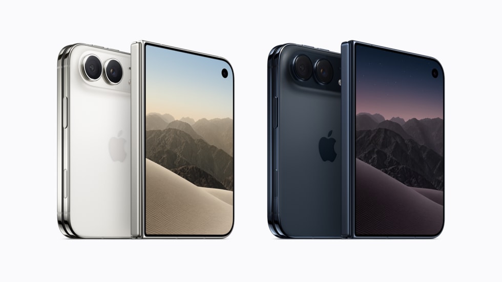 iPhone Duo pliable Apple ouvert, coloris blanc et bleu nuit, face avant et arrière