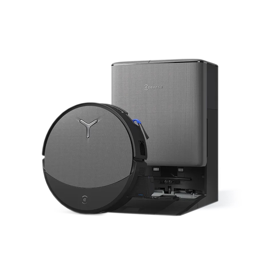 Le robot aspirateur laveur Ecovacs Deebot noir et sa station OMNI grise sur fond blanc