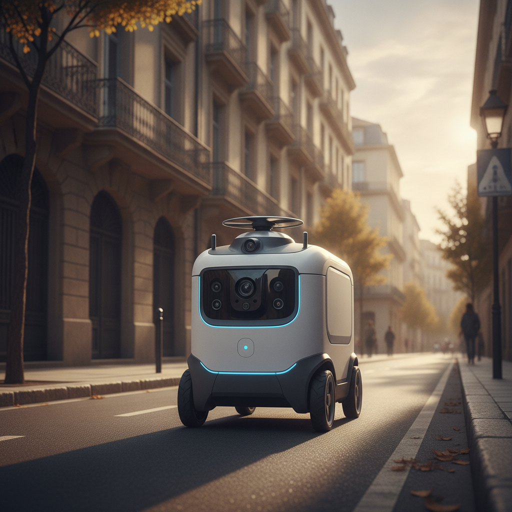 Robot de livraison autonome electrique roulant sur la chaussee d'une rue urbaine, equipe de lidars et cameras
