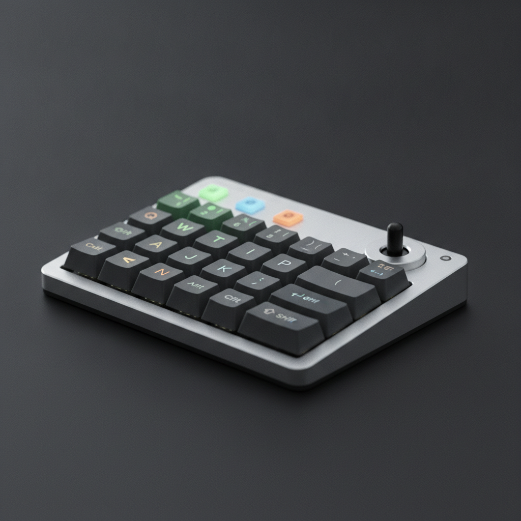 Petit clavier compact facon macropad aux touches retroeclairees, avec molette et mini joystick, sur un bureau sombre